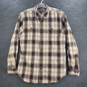 Carhartt Flannel Shirt Brown Beige Mens Medium Plaid Relaxed Fit Work Wear‎
